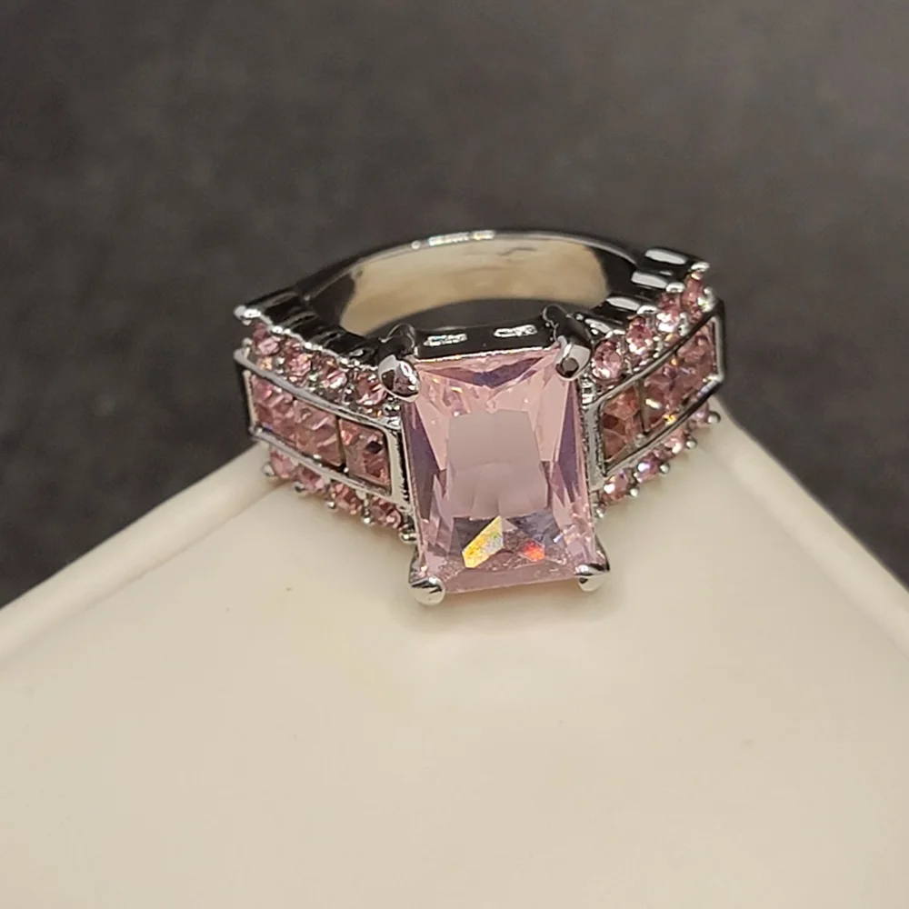 Silver Tone Simulated Pink Gemstone Ring